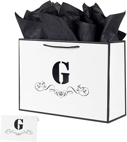 ysmile Bolsa de regalo de letras con papel de envoltura para hombres, mujeres, niños y niñas, bolsa de papel grande de 12 pulgadas de color blanco y