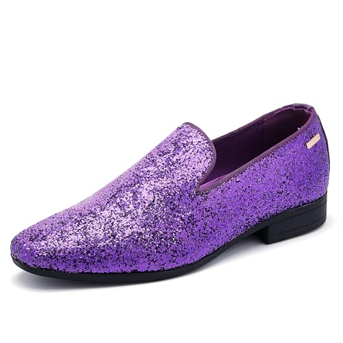 UUBARIS Mens Loafers Sparkly Dress Slip On Driving Shoes Smoking Sllipper Glitter Purple Size 6