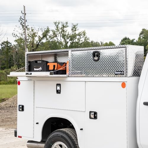 Image of Buyers Products 1701564 Silver Aluminum Diamond Tread Topsider Truck Tool Box, 88x18x16 Inch, Made in USA, Professional Grade, Heavy Duty, Corrosion Resistant, Dual Drop Doors, Compression Latch