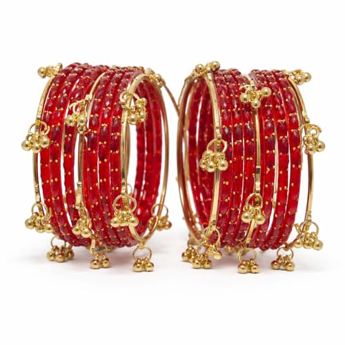 Image of Kashmiri Ghangharoo Glass Bangle Set for Women| Light Weight Bangles | Traditional Transparent Fancy Glass Chudi Set for Wedding, Party|Set Of 16(12 Glass + 4 ghungroo bangles)