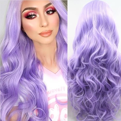 Perruque synthétique violet clair longue ondulée lavande avec dentelle frontale - 2
