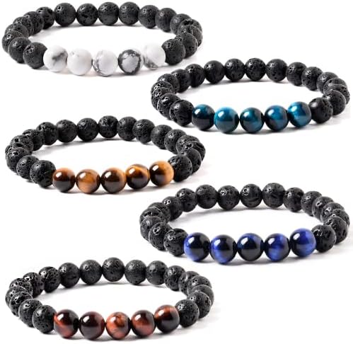 TIGERSTAR Natural Lava Rock Beads Bracelet,Stretch Elastic Bracelets,Adjustable Braided Rope Gemstone Bracelets for Men Women