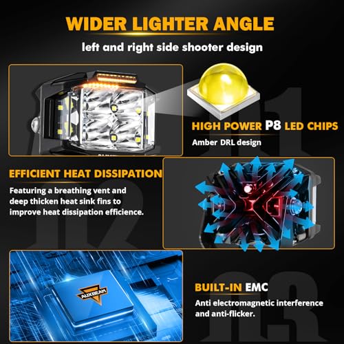 Image of Auxbeam 4 inch 92W Cube LED Pod with Amber DRL, V-MAX Series Offroad Pod Lights with Side Shooter & Amber Covers, Offroad LED Cube Offroad Square Light 270Combo Beam Auxiliary Light for Truck Jeep ATV