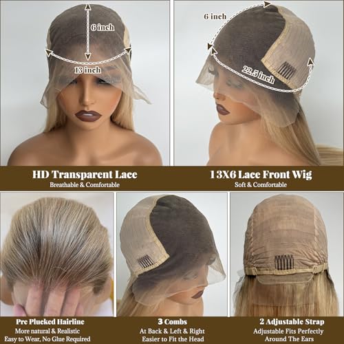 Image of 28 Inch Highlight Blonde Lace Front Wigs Human Hair 13x6 HD Transparent Glueless Wigs Human Hair for White Women Ombre Brown with Bleach Blonde Straight Lace Frontal Wig Pre Plucked 180% Density