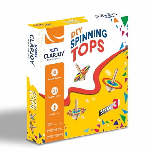 Image of Clapjoy DIY Spinning Tops - Set of 3 Wooden Tops for Kids to Assemble, Paint, and Play for Kids of Ages of 3+ Years