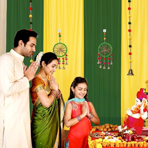 Image of Party Propz Green and Yellow Backdrop Decorations with Pom Pom Hangings - 12Pcs Mehendi Decoration Setup for Home, Haldi Decoration Items for Home, Backdrop Cloth for Decorations Pooja(12Pcs)(Satin)