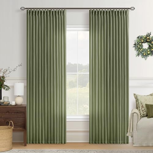 Image of Olive Green Pinch Pleat Linen Semi Sheer Curtains 84 Inch Long for Bedroom