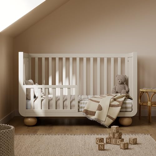 Image of Storkcraft Amalfi 5-in-1 Convertible Crib with Toddler Guardrail - GREENGUARD Gold Certified, Conversion Kit Included, Fits Baby Crib Mattress, Converts to Full Bed (Frosted Oat and Driftwood)