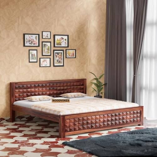Image of Sheesham Wood Bed Without Storage Solid Wooden Cot Bed Elegant and Functional Bedroom Living Room Home(Reddish-Brown, Queen)