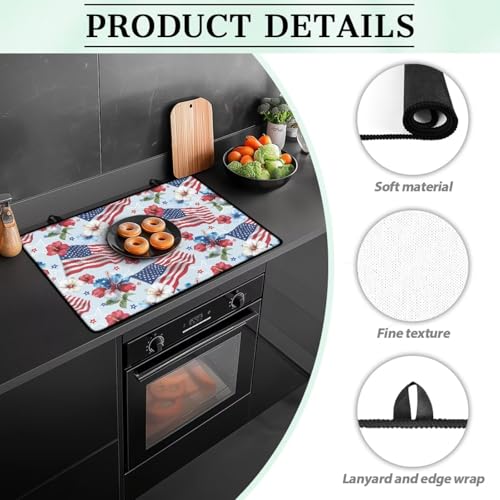 Image of Poceacles Electric Stove Top Cover Glass Stove Top Heat Resistant Oil Resistant Cooktop Protector Cover for 4th of July Patriotic Party Decor, American Flag Hibiscus Flower Blue
