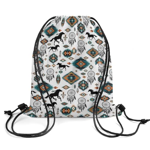 Compact Backpack 13.8x16.5 Inch, Southwestern Aztec Horse Drawstring Bags for Women and Men, Novelty Waterproof String Backpack, Reusable Draw String Bag2