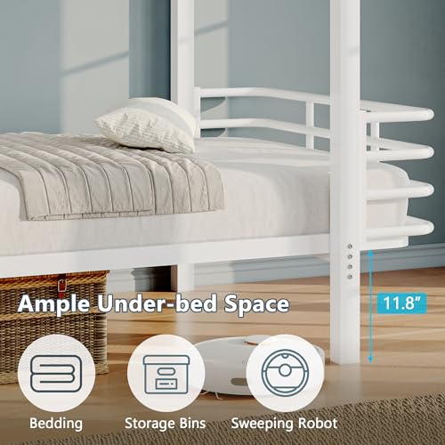 Image of iPormis Metal Bunk Bed Twin Over Twin, Heavy Duty Bunk with High Guardrail and Ladder with Built-in Handrails & Wide Steps, Under-Bed Storage Space, Easy Assembly, Noise Free, White