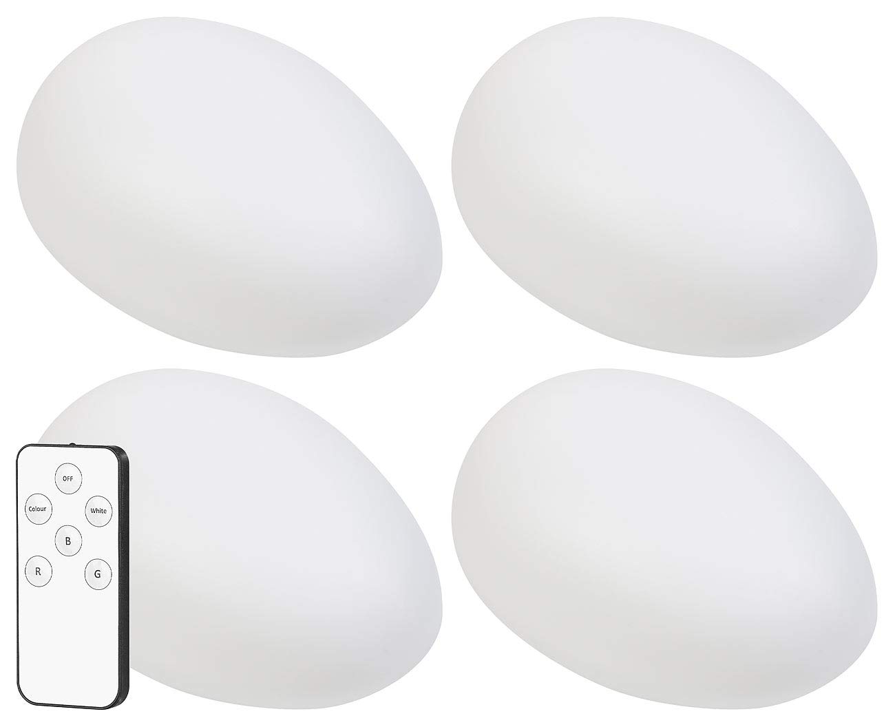Lunartec LED-Solarleuchten Balkon: 4er-Set Solar-LED-Dekosteine mit Fernbedienung, RGB+W, IP44, 32 cm (Solarleuchten Deko Garten, Solar-Bodenlampe)