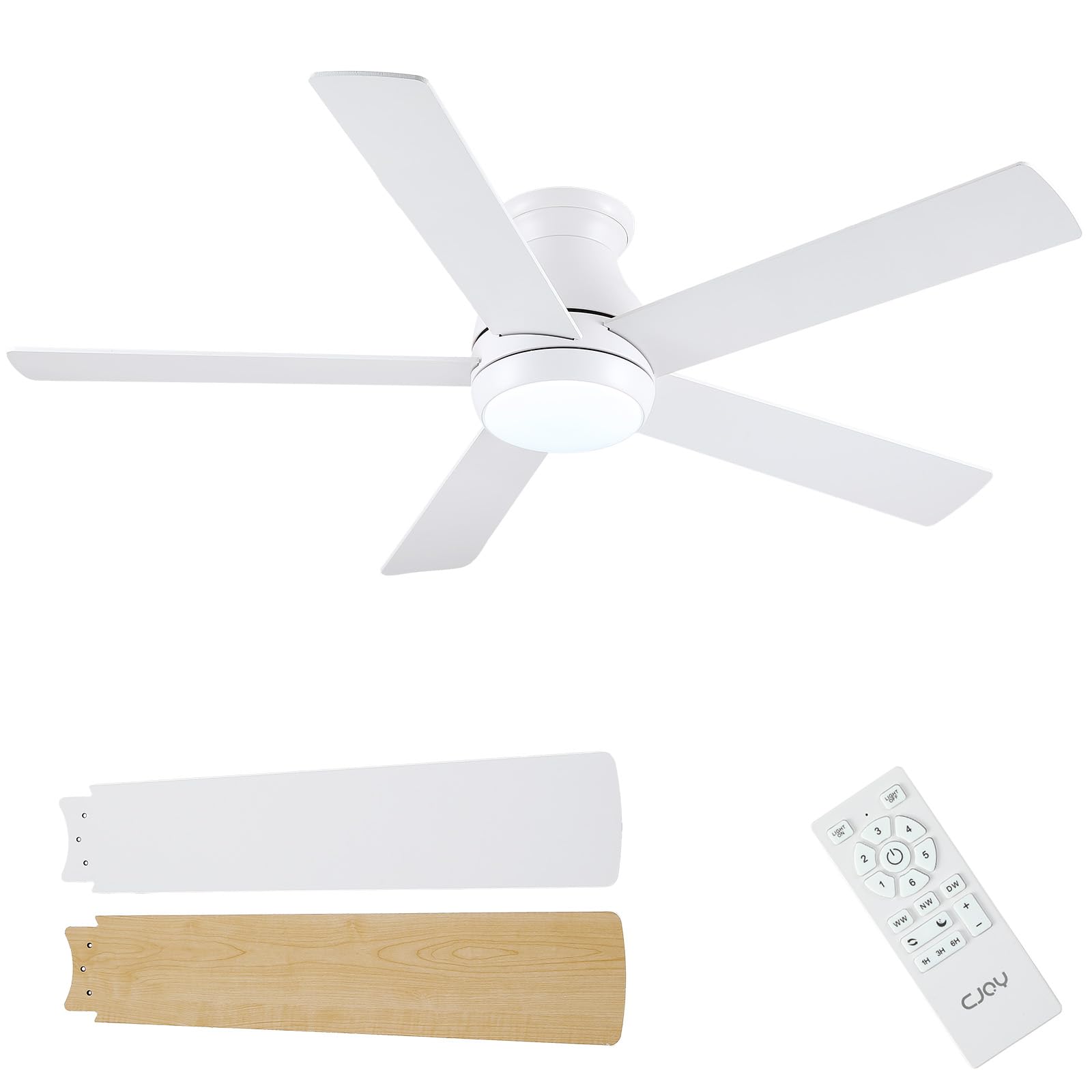 CJOY Ventilador de Techo 132CM, Ventilador de Techo Silencioso Blanco | Madera Ventiladores de Techo con Luz Regulable, 6 Velocidades, 5 Aspas Reversible DC, Para Dormitorio/Salon/Habitación