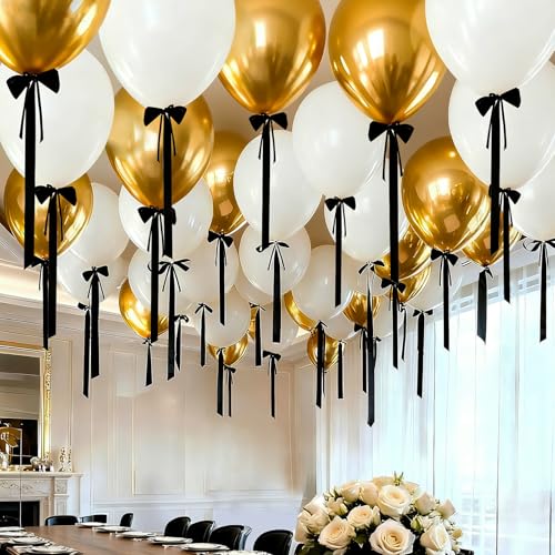 80PCS Black Bow Birthday Party Decorations with Balloons and Ribbon
