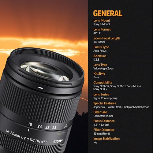 Image of Sigma 18-50mm f /2.8 DC DN Contemporary Lens for Sony E - Bundle with 55mm Filter Kit, Case, Cleaner, Cleaning kit, Movo Sling Strap, Cap Tether