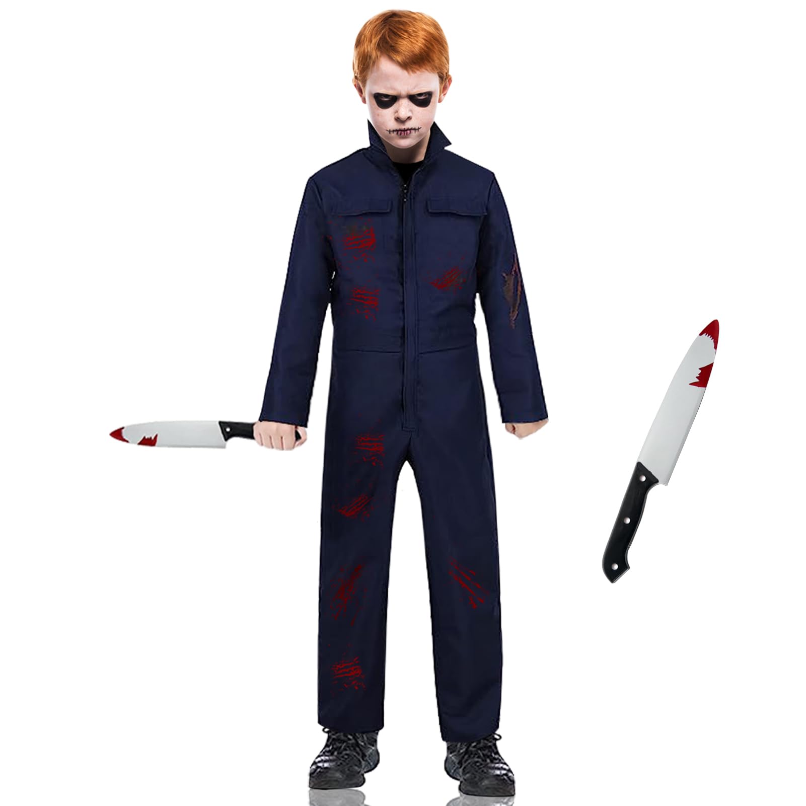 DUOLAM Disfraz Michael Myers Halloween niños: 2 Piezas Carnaval Disfraces de cosplay de Halloween y cuchillo ensangrentado traje de mono para niñosmono de trabajo de fiesta temática de Carnaval