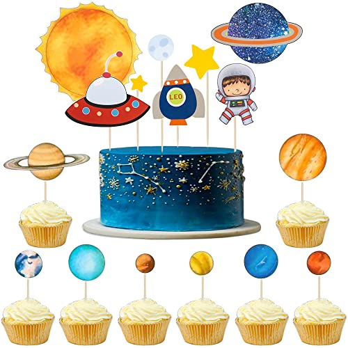 Kawailay 32 peças decoração para cupcakes no espaço exterior astronauta planeta foguete nave espacial decoração bolos aniversário com tema galáxia para baby shower festa aniversário crianças