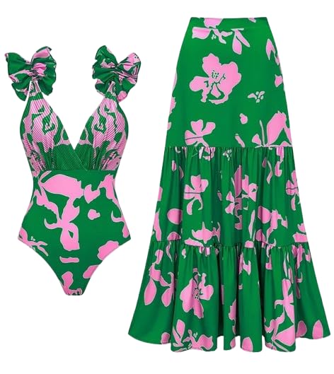 the curvves Green Floral Plunge Swimsuit with Maxi Cover Up-picture-44