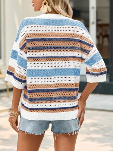 Image of Saodimallsu Womens Short Sleeve Sweaters V Neck Crochet Knit Striped Hollow Out Tops Beach Cruise Outfits