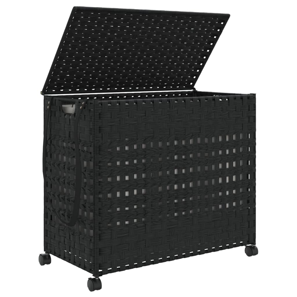 Wäschekorb mit Rollen Schwarz aus Rattan 66 x 35 x 60 cm, 3 Fächer, mit Deckel, klappbar, Wäschebox, Wäschesammler, Wäschetonne für Bad Schlafzimmer Waschküche, platzsparende Ordnung