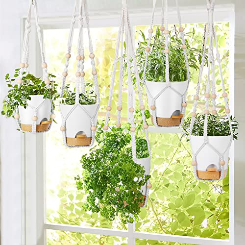 Gardife Hanging Planters For Indoor Plants,5Pcs Hanging Basket For Indoor Boho Home Decor,Macrame Plant Hanger,35 Inches,29Inch,23Inch, Ivory,Self Watering Planters, 7/6.5/6/5.5/5 Inch,White&White #TOP2