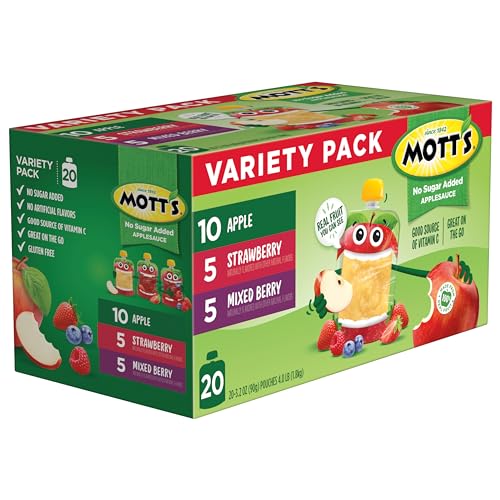 Mott's No Sugar Added Applesauce Variety Pack, 3 Flavors – Apple, Strawberry & Mixed Berry, Made from Real Fruit, No Artificial Flavors, 3.2 oz Clear Pouches, 20 Pack