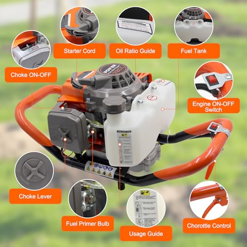 72CC Auger Post Hole Digger, 2 Stroke Gas Powered Earth Post Hole Digger with 3 Auger Drill Bits(4" & 6" & 12") + 2 Extension Rods for Farm Garden Plant, Orange (72cc+3 Auger(4"6"12")+2 Ext)