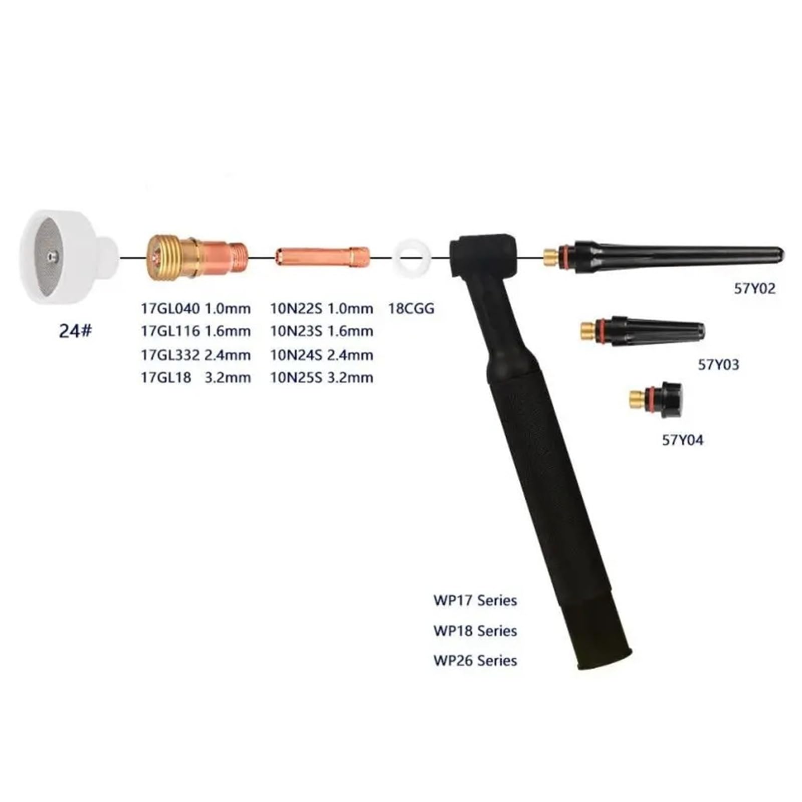 Compatible con WP17 WP20 WP26 soplete de soldadura TIG 9 Uds. Boquilla cerámica blanca copa alúmina pinzas rechonchas Kit lentes Gas corporal(1.0mm,9PCS 16No.)