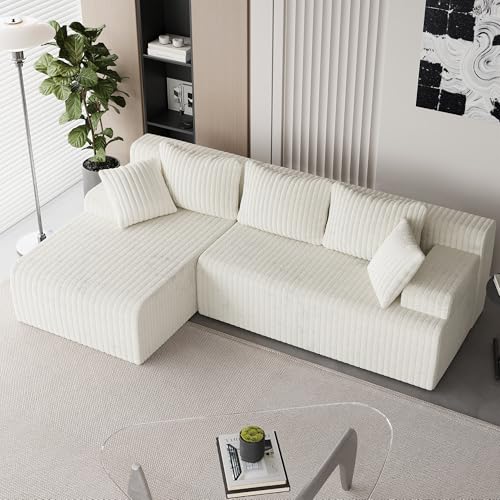 Image of LAUSAINT HOME 96 inch Modular Sectional Sofa Couches, L-Shaped Boneless Cloud Sofa with 3 Deep Seat, 5 Cushiones Oversized Chaise for Living Room, Bedroom, Plush Corduroy Fabric (Left, Beige)