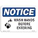 OSHA Notice Sign - Wash Hands Before Entering | Rigid Plastic Sign | Protect Your Business, Construction Site, Warehouse & Shop Area | Made in The USA