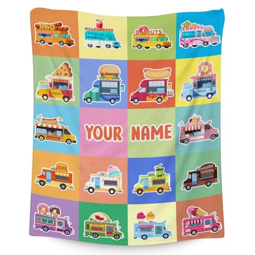 Personalized Food Truck Blanket Gifts with Name - 40x50 Inches Funny Throw Blanket for Boys & Kids - Colorful Soft Fuzzy Car Blankets for Bed, Couch & Living Room