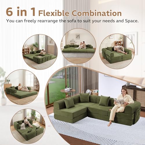 Image of 142 inch 7-in-1 Convertible Modular Sectional Sofa Bed, Green | Corduroy Fabric, Reinforced Frame, Deep Seat, Storage Bag, Tool-free Assembly for Living Room