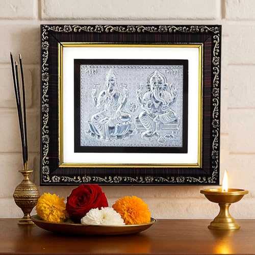 Image of 999 Pure Silver Lakshmi Ganesha Frame - Hindu Religious Photo Frame for Home, Temple and Pooja Room | Spiritual Gift for Wealth and Prosperity