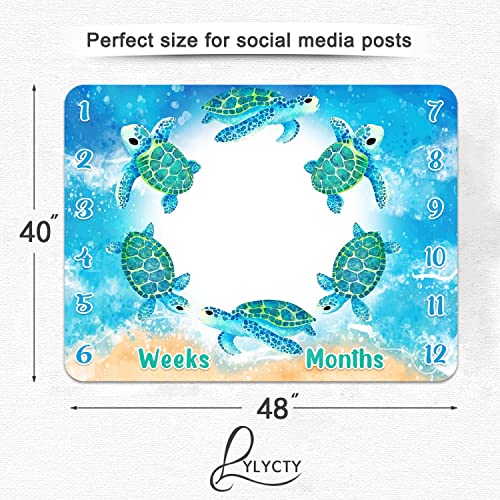 Image of Baby Monthly Milestone Blanket, Blue Sea Turtle Baby Age Blanket Beach Photo Backdrop Baby Blanket, 48x40 Inch Blue Baby Growth Chart Memory Blanket BTLSLY373