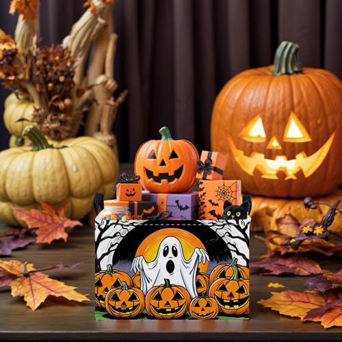 Image of Large Halloween Basket Gift Cute Ghost Pumpkin Parties Decor Kid Trick or Treat Basket for Boys and Girls Rectangular Storage Bin Box (Great Ghost)