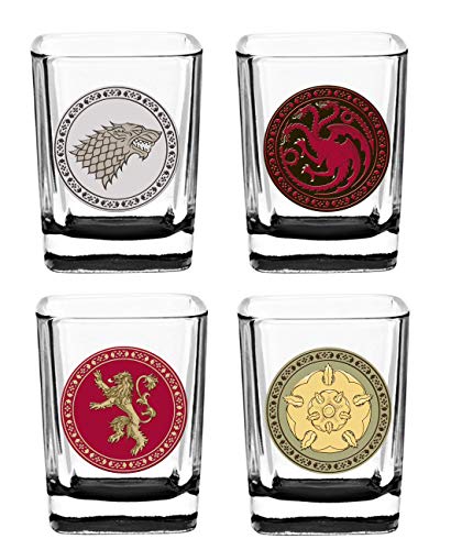 Rabbit Tanaka Game of Thrones House Sigil Shot Glass Set - Square House Sigil Shot Glasses - Set of Four Shot Glasses - Novelty Glassware Collectibles