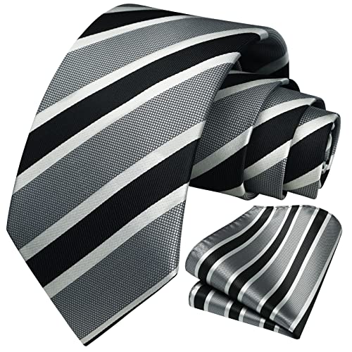 Image of HISDERN Mens Tie Striped Ties and Handkerchief Set Business Formal Woven Pocket Square Wedding College Stripe Necktie