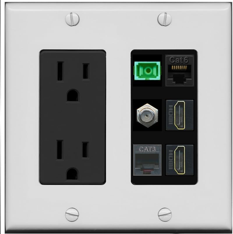RiteAV 1 Port Fiber Optic Jack SC Simplex APC + Cat6 + Coax + 2 x HDMI + Phone Wall Plate - Outlet [Light-Almond/White]