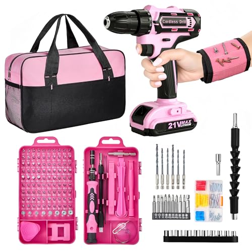 Pink Cordless Drill Set 202 Pcs 21V Pink Power Drill Tool Set Kit with Storage Bag Electric Drill Set for Women Precision Screwdriver set Magnetic Wristband for Home DIY Projects
