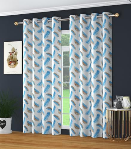 Image of Yarnis Feather Printed Light-Filtering Curtains 9 Feet Long Set of 2 for Door Living Room, Aqua Blue, Parda