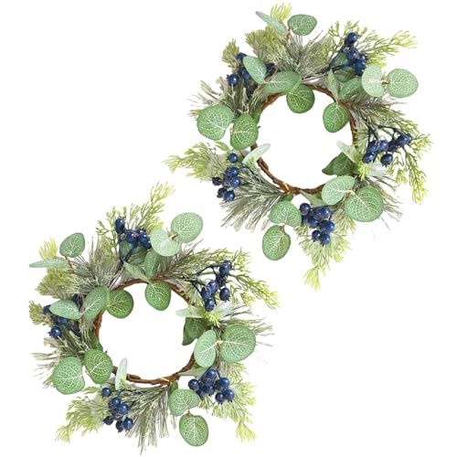 2Pcs Christmas Candle Rings Artificial Eucalyptus Leaves with Blue Berry Norfolk Pine Wreath Small Boho Wreath Pillar Candle Holder for Wedding Home Door Tabletop Decoration (Blue)
