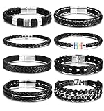 BOMAIL 8Pcs Black Leather Bracelets for Men Women Black Leather Wristband Cuff Wrap Bracelets Punk L