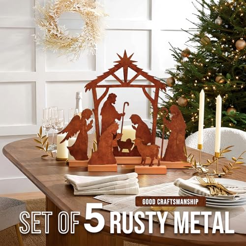 image for KPX Set of 5 Metal Nativity Scene Set Tabletop Decor, Rusty Steel Vint