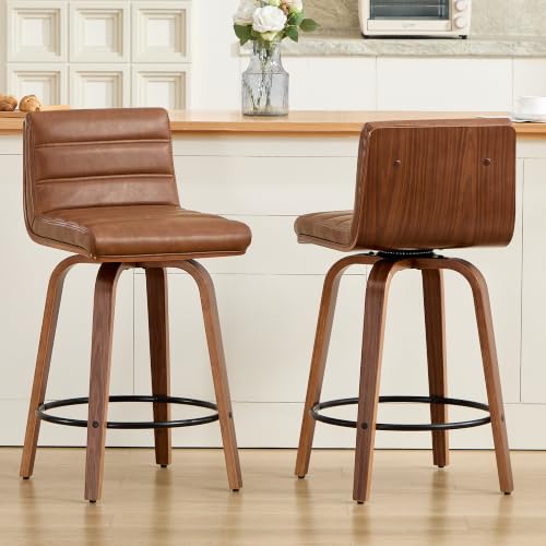 Image of Swivel Bar Stools Set of 3,26 inch Faux Leather Counter Height Barstools with Back,Mid Century Modern Upholstered Bar Chairs with Bentwood Legs Island Stools for Kitchen Counter Brown