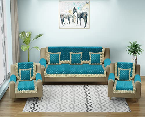 Image of Premium 5 Seater Printed Sofa Cover Set with Arm Covers and Coushion Covers, 3,1,1 Seater 16 Pieces Sofa Back Slip Panels, Premium Stylish Slip Cover Protector Sky Blue (Pack of 17)
