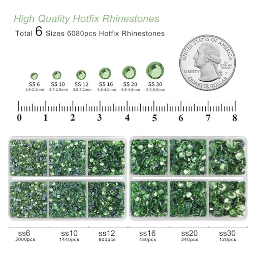 Image of BEADSLAND Hotfix Rhinestones, 6080PCS Light Green Rhinestones for Clothes Crafts Mixed 6 Sizes with Wax Pencil and Tweezers Kit, SS6-SS30, Peridot