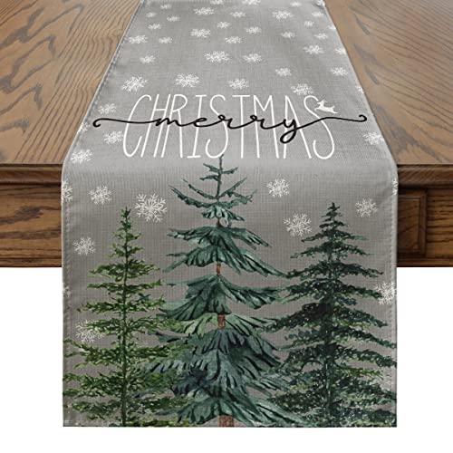 Artoid Mode Pine Tree Snowflake Merry Christmas Table Runner, Seasonal Winter Xmas Holiday Kitchen Dining Table Decoration for Indoor Outdoor Home Party Decor 13 x 72 Inch