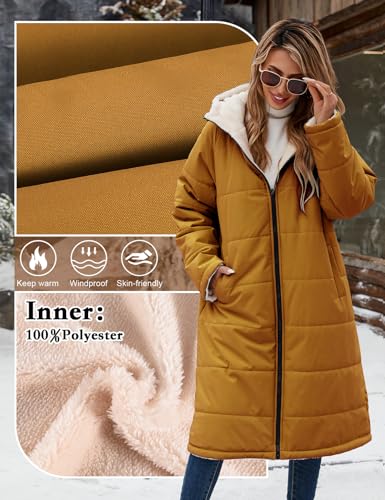 Tuopuda Damen Wintermäntel Lang Winterjacke Warm Winter Fleece Gefüttert Sweatjacke Jacke Mantel Parka Jacket mit Kapuze Teddyfleece Steppjacke Übergangsjacke Winterparka Steppmantel(Rötlich-gelb,XL)