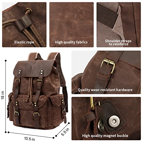 Huachen Rugged Leather And Waxed Canvas Backpack For Men, Shoulder Rucksack For Travel Laptop School Hiking (M80_Brown) #TOP2
